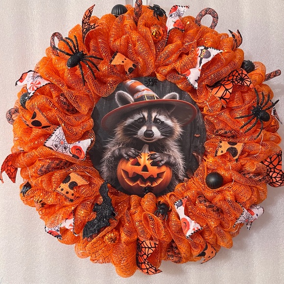 Halloween Raccoon Wreath with Orange Mesh - Picture 1 of 1